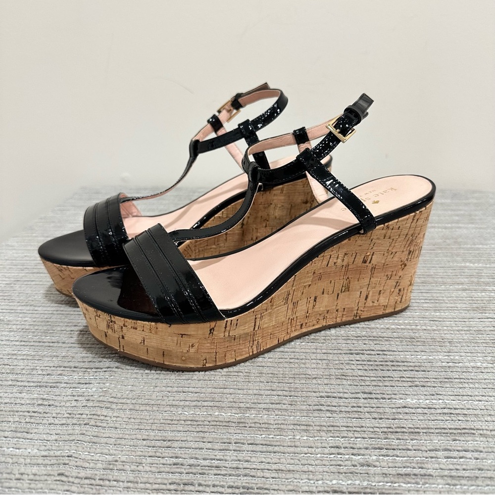 Kate Spade‎ Tallin Black Patent Leather T-Strap Cork Platform Wedge Sandal 10,5